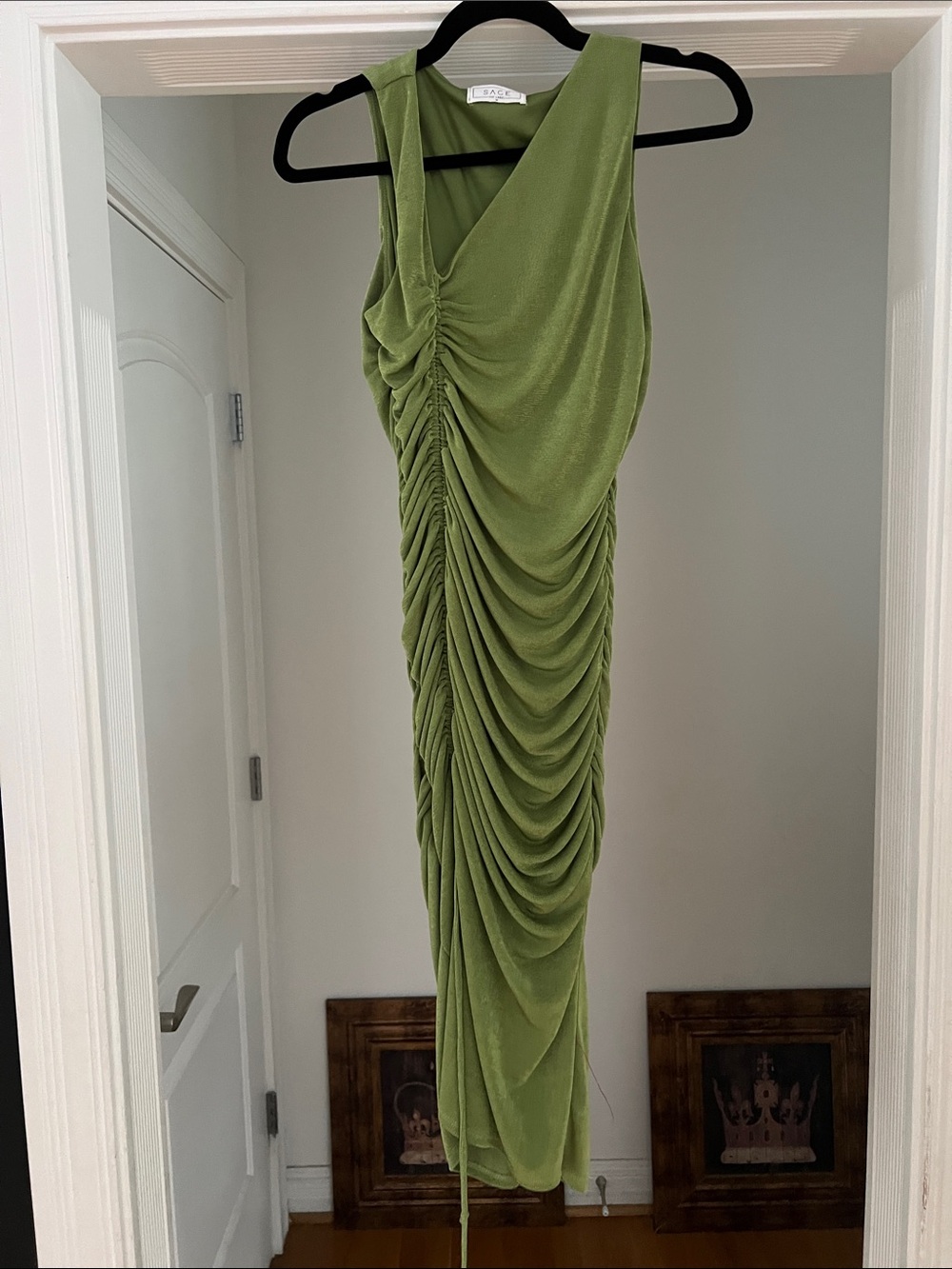 Sage Olive Green Ruched Midi Dress